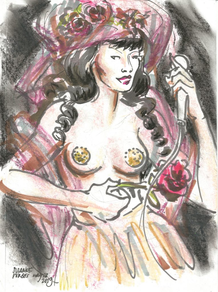 Viva Lamore with flowers at Full Moon Cabaret Berlin Burlesque Week May 28 2019 by Suzanne Forbes