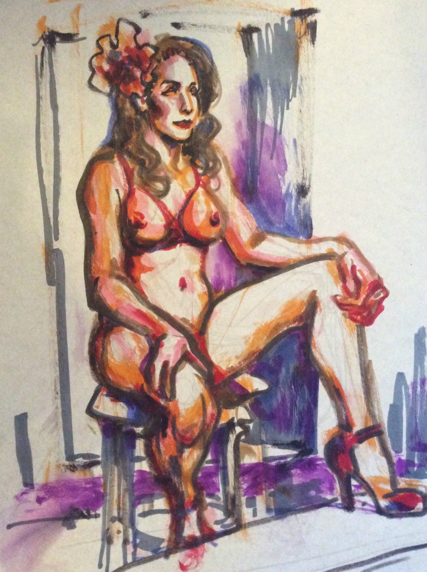 Watercolor brush pen drawing of Chiqui Love seated by Suzanne Forbes Jan 28 2020