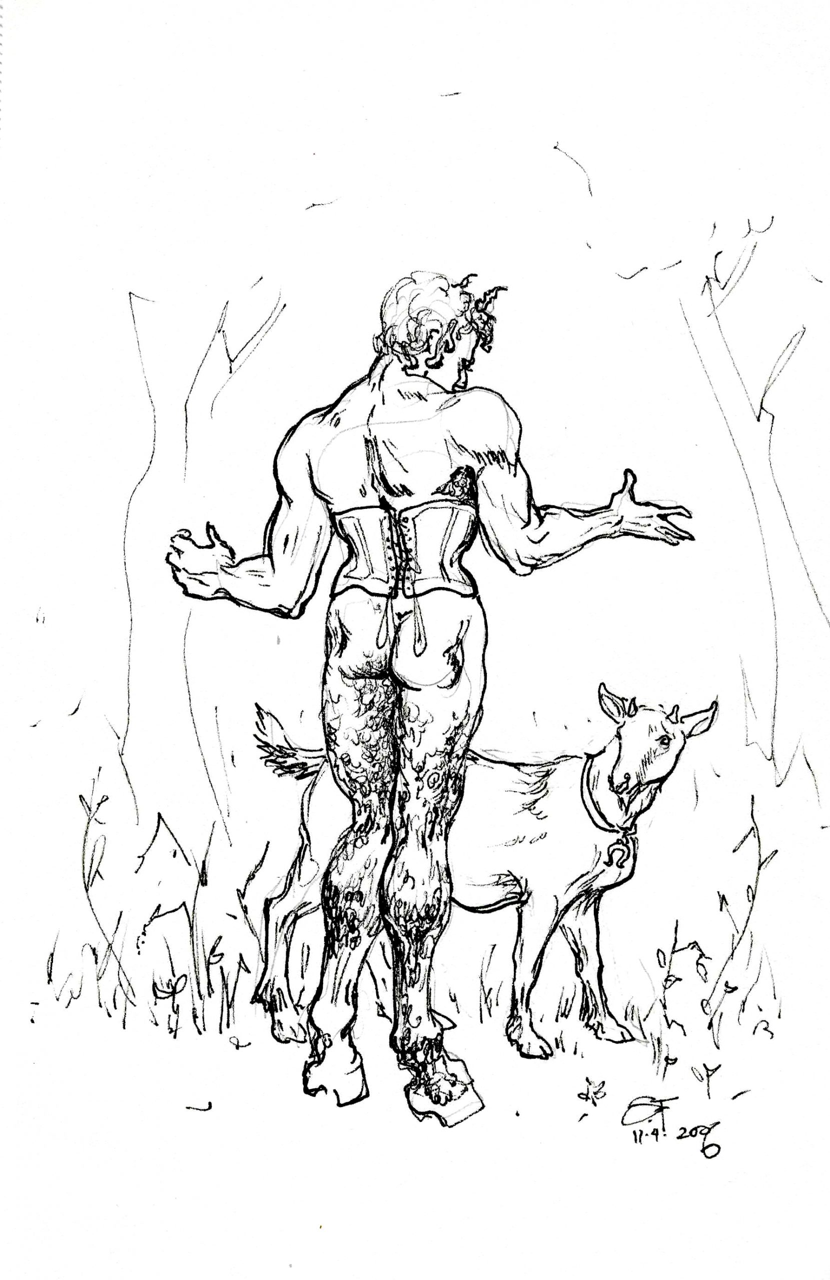 Naughty Faun with Goat 6x8 11 7 2006 by Suzanne Forbes