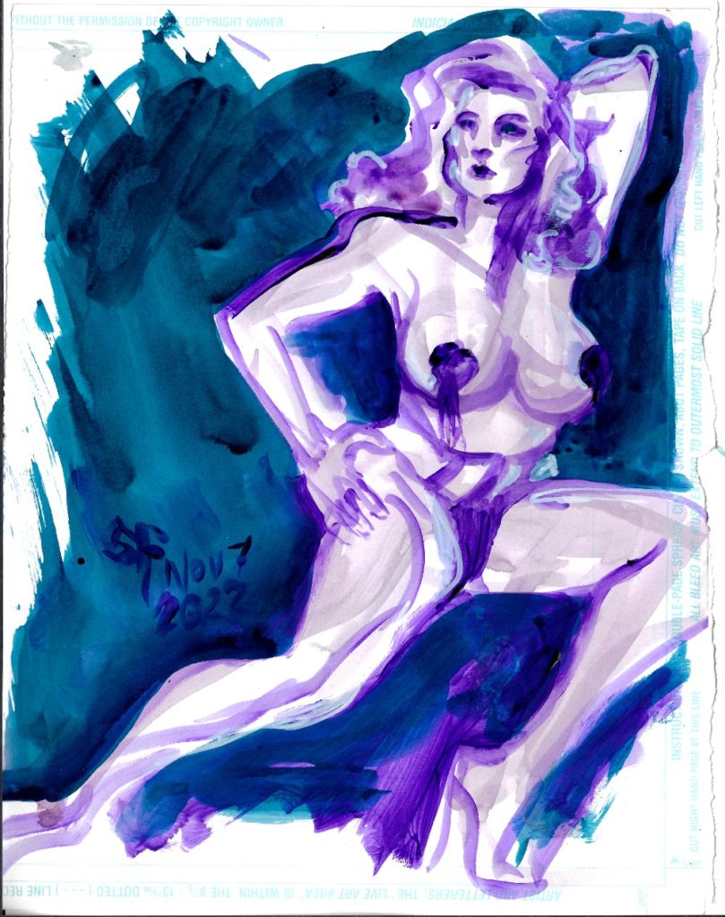 Lolita Vavoom, a curvy white woman with blonde and purple hair, poses elegantly in purple pasties and burlesque underpants. painted by Suzanne Forbes Nov 7 2022
